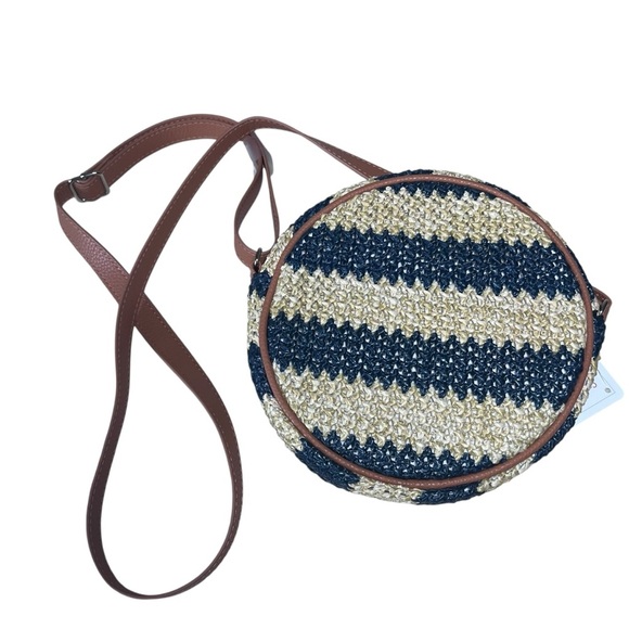 Thirty One Jewell Round Canteen Style Crossbody Purse Tan Navy Striped Straw NWT - Picture 12 of 16